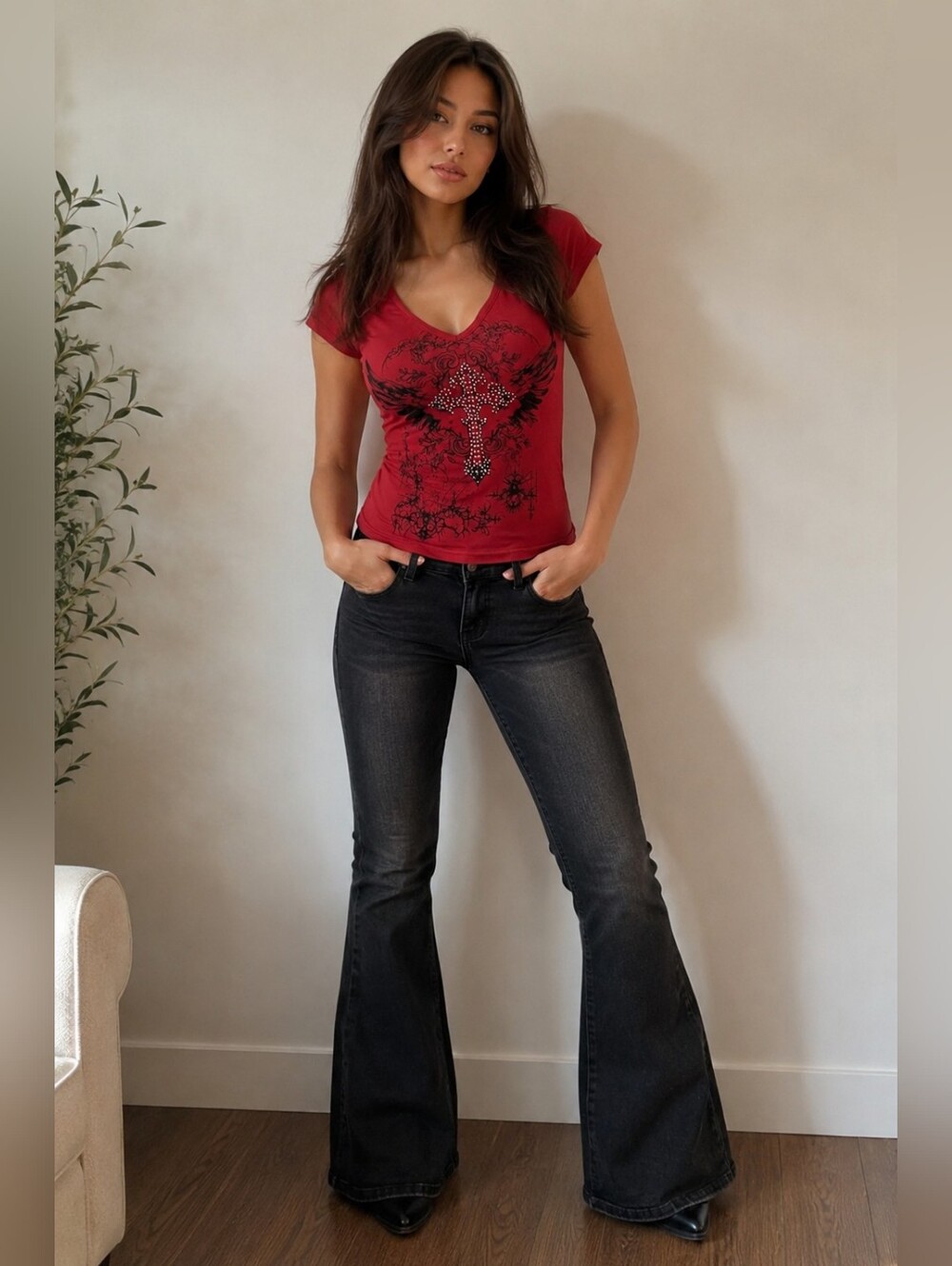 Y2K Bundle Refuge Flare Jeans Size 7 + SHEIN Red Graphic Tee